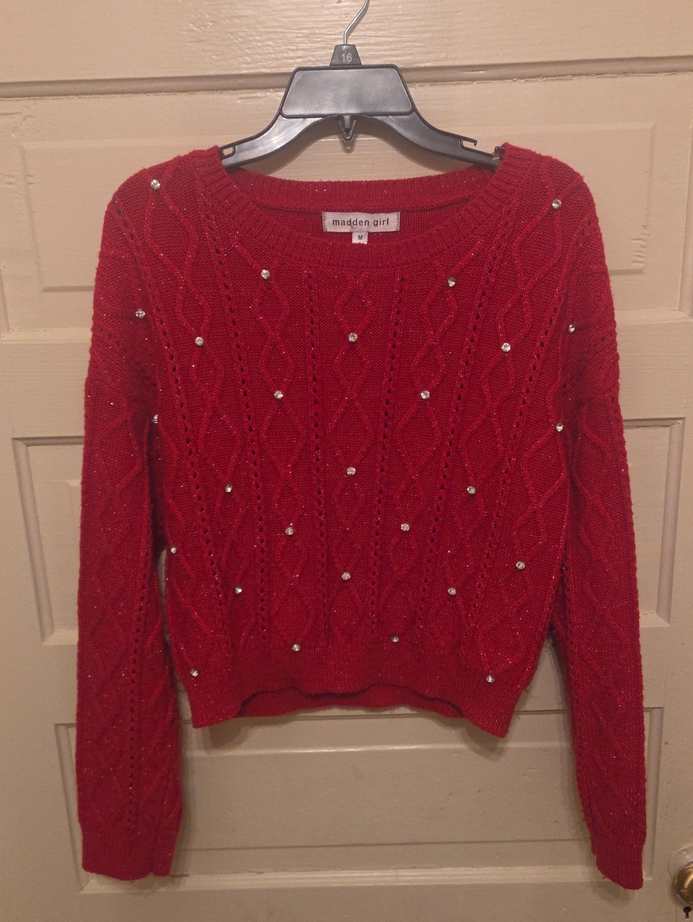 Madden Girl Red Crystal-Embellished Cable Knit Crewneck Sweater